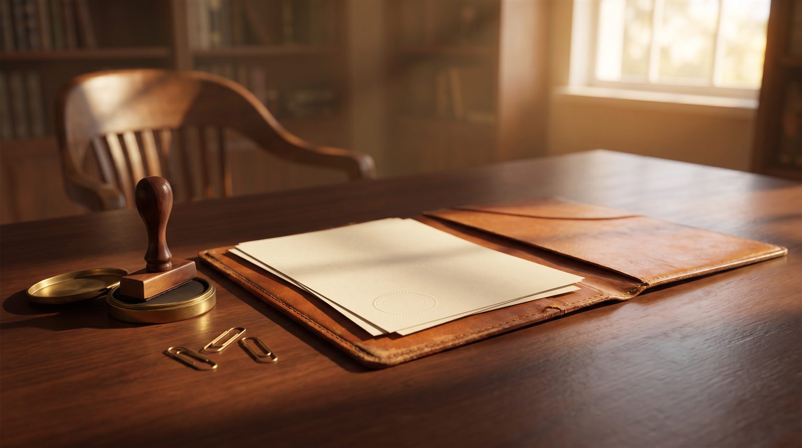Carpeta de piel abierta con documentos sellados, sello de madera y almohadilla de tinta