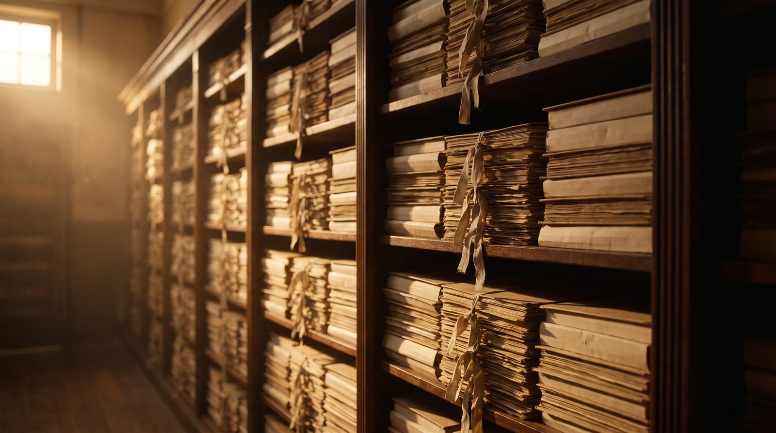 Archivo de expedientes ordenados en estantería de madera