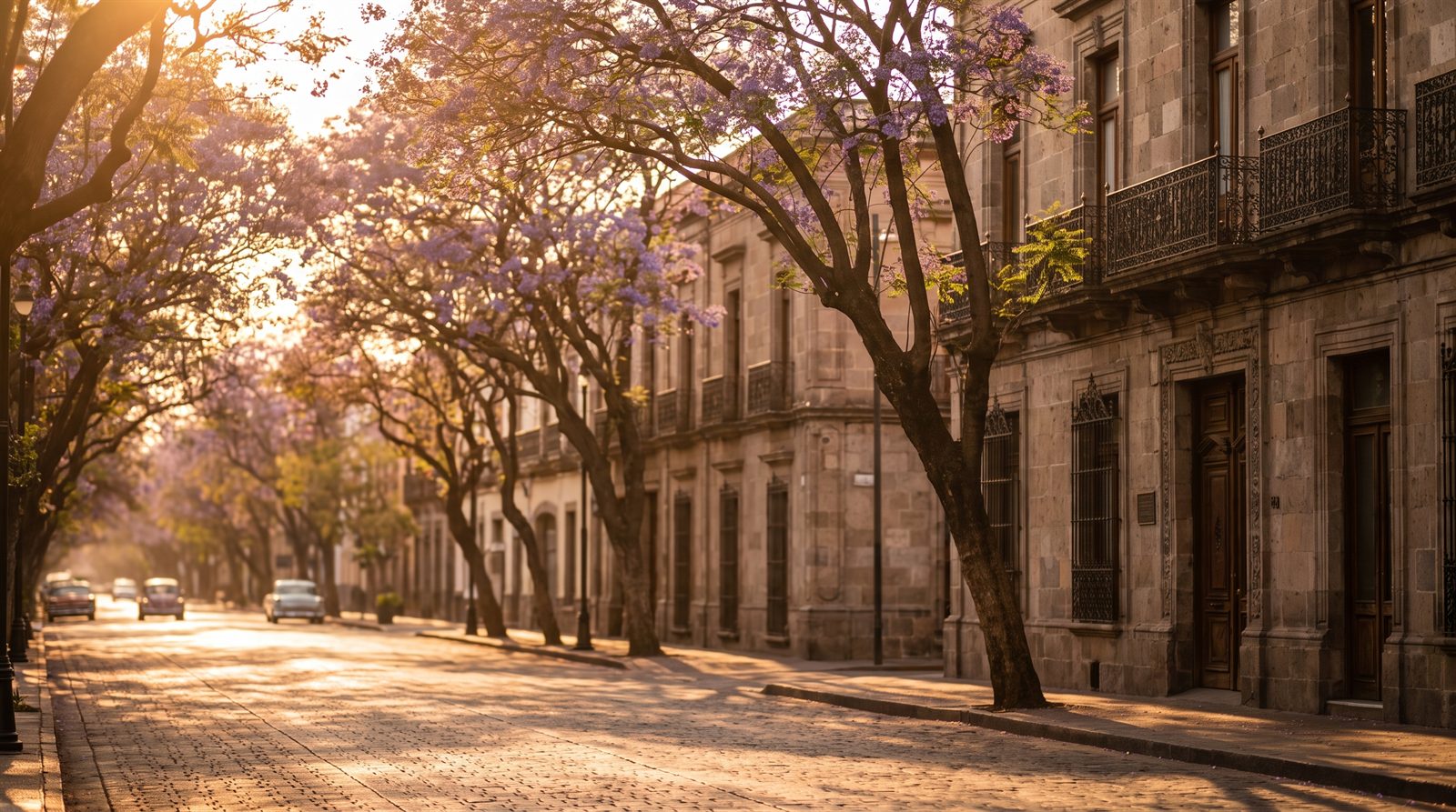 Avenida arbolada de Guadalajara al atardecer