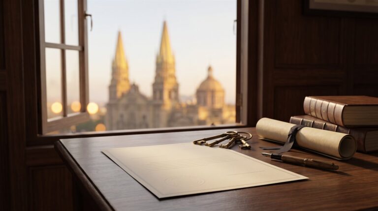 Recibo de impuesto predial y llaves de una casa sobre un escritorio de madera, con la Catedral de Guadalajara al fondo