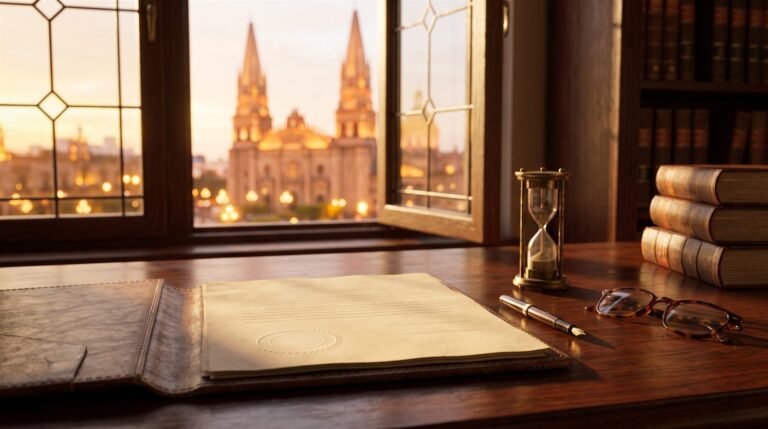 Documento testamentario sobre escritorio de despacho jurídico con la Catedral de Guadalajara al fondo