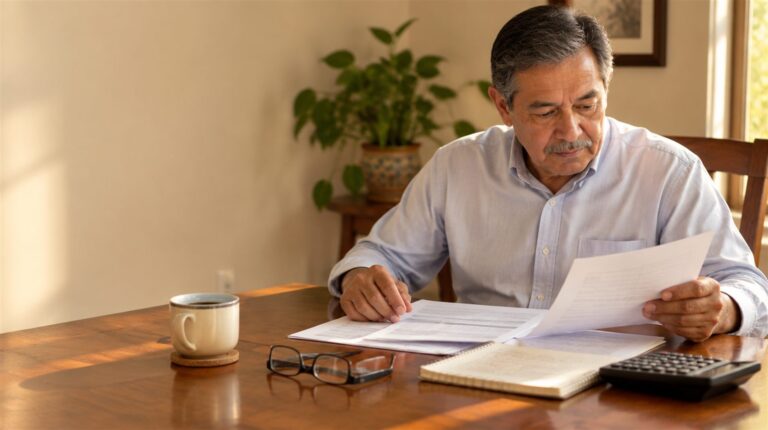 Persona adulta mayor revisando documentos de su pensión del IMSS sobre un escritorio
