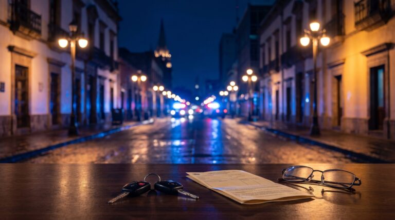Calle del centro de Guadalajara de noche con llaves de auto y una boleta de infracción en primer plano