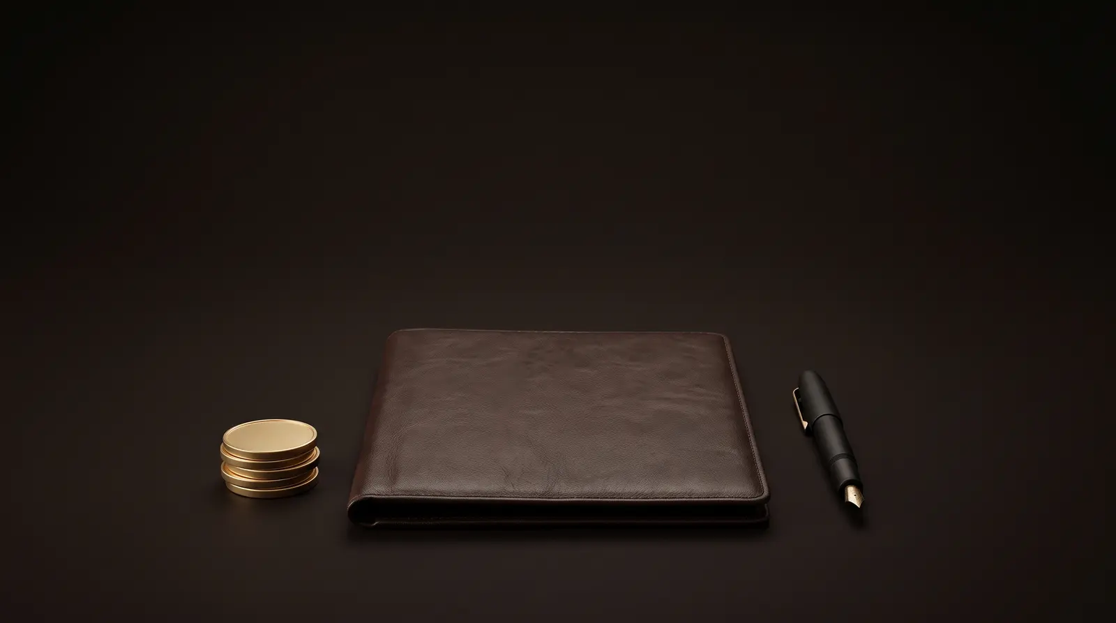 Monedas, portafolio de piel y pluma fuente