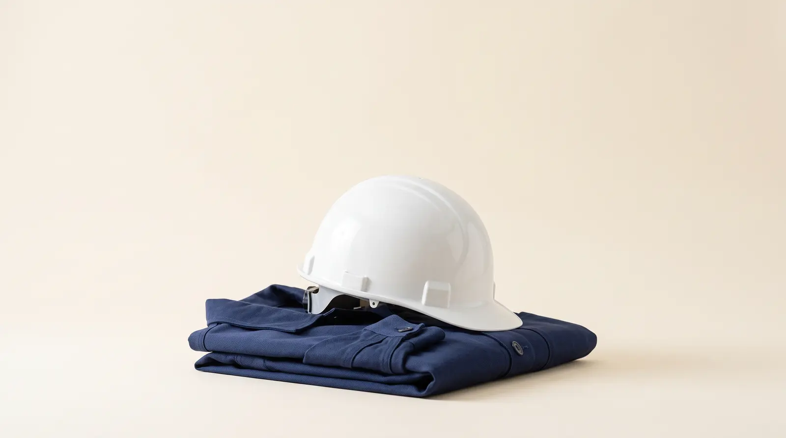 Casco de obra blanco sobre una chamarra de trabajo