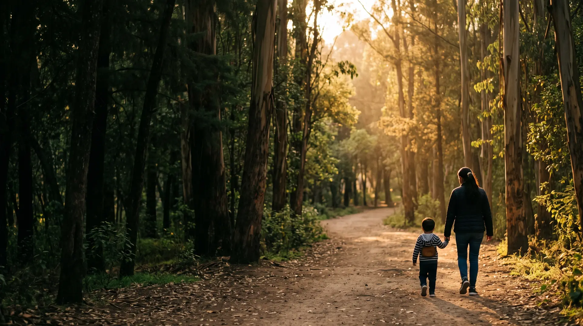 Madre e hijo caminando de la mano en un bosque de Guadalajara al atardecer
