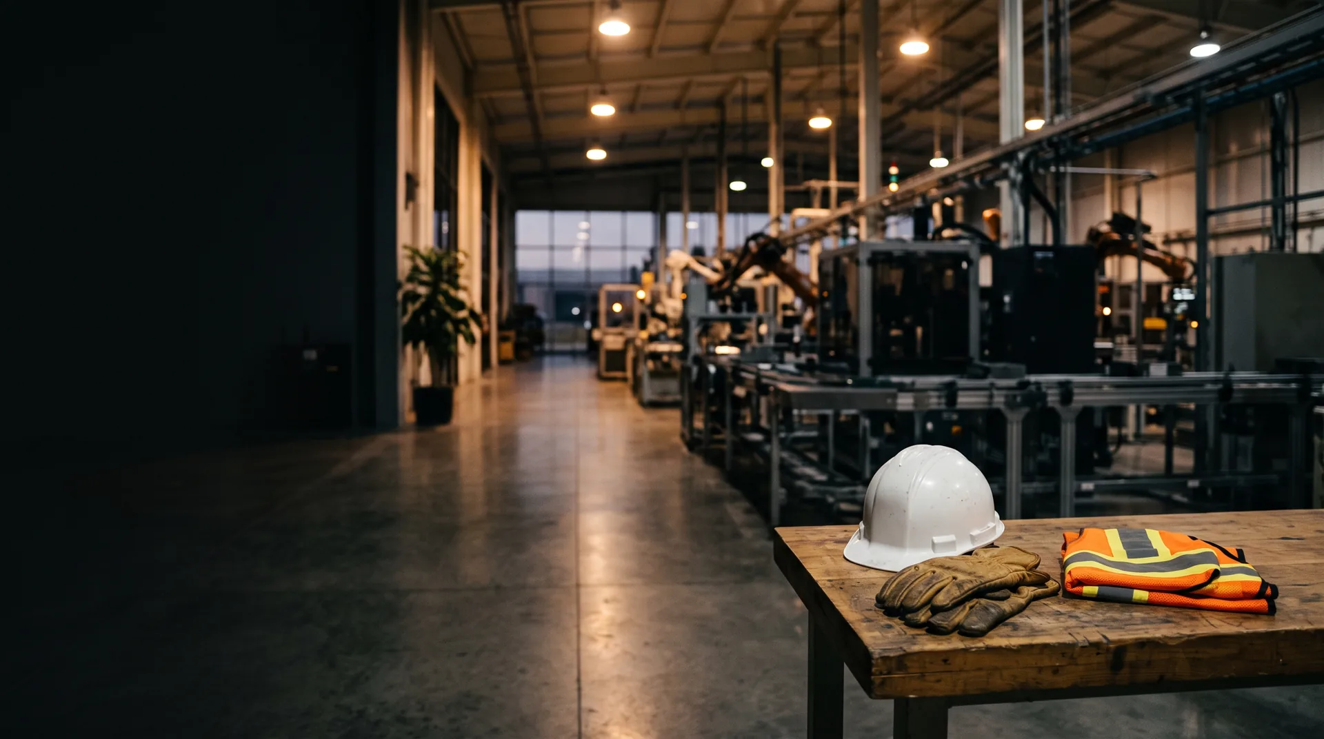 Casco, guantes y chaleco de trabajo en una nave industrial de Jalisco