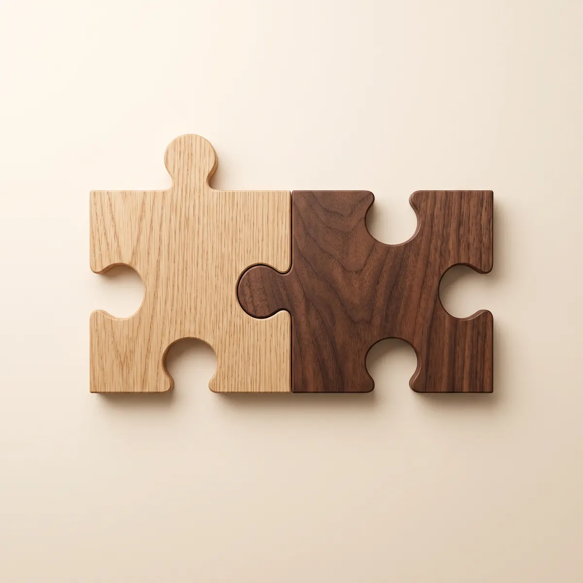 Dos piezas de rompecabezas de madera unidas