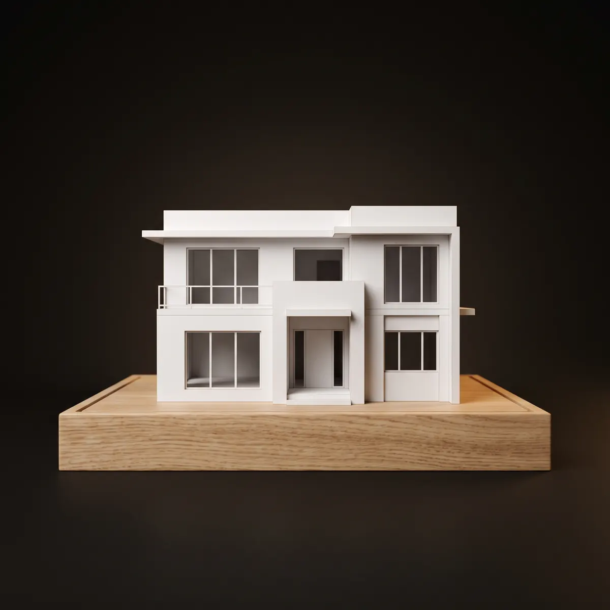 Maqueta blanca de una casa sobre una base de madera
