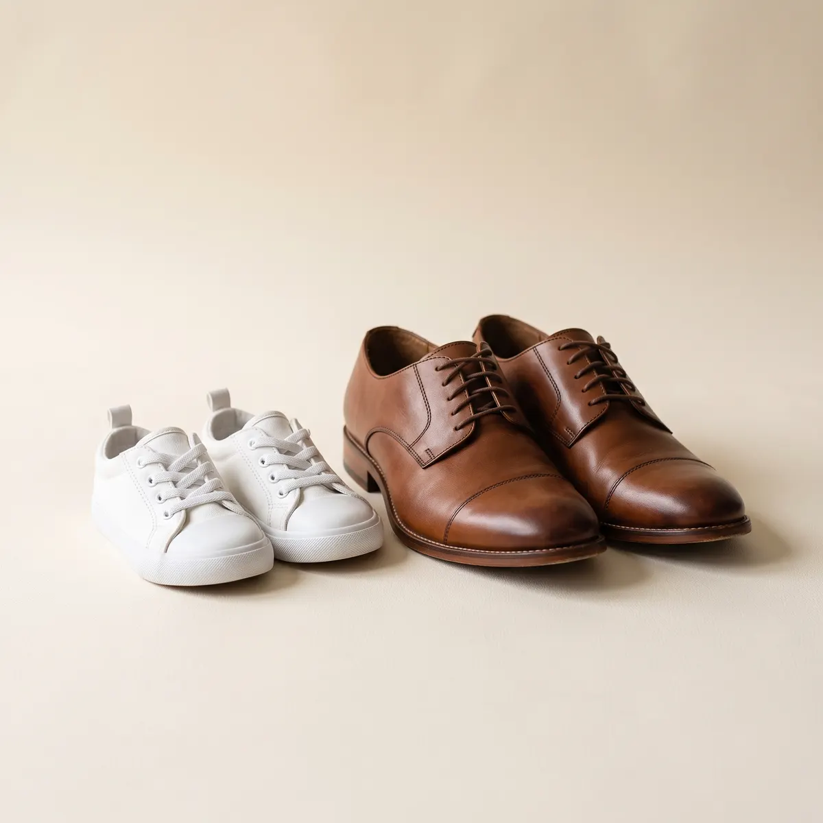 Tenis de niño junto a zapatos de adulto