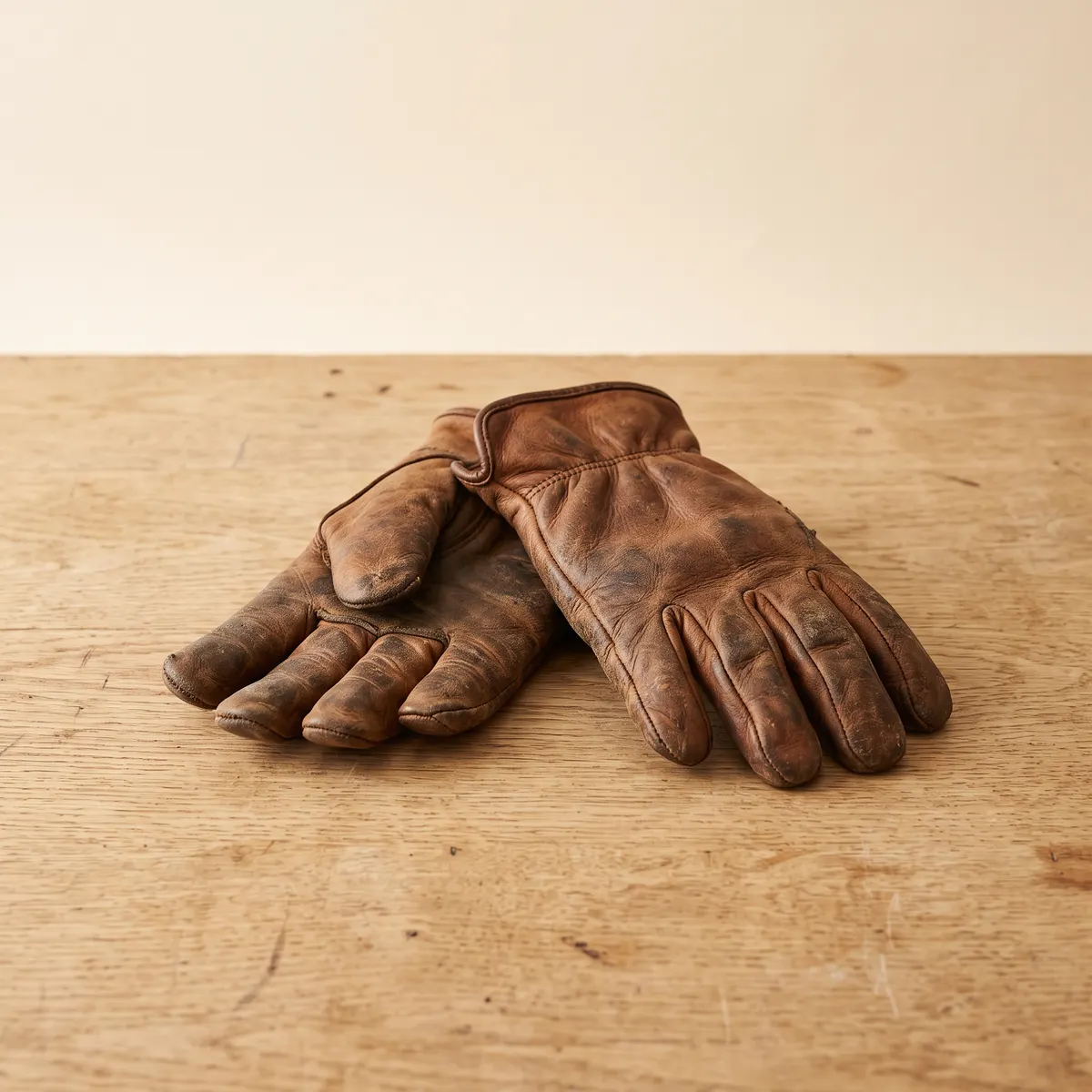 Guantes de trabajo de piel sobre un banco de madera