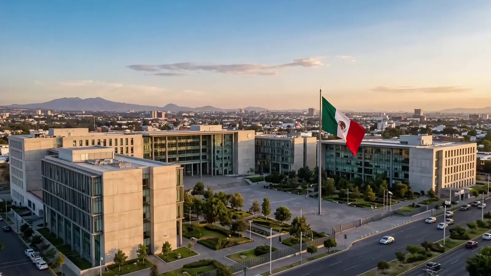 Vista aérea de un complejo de juzgados federales con la bandera de México