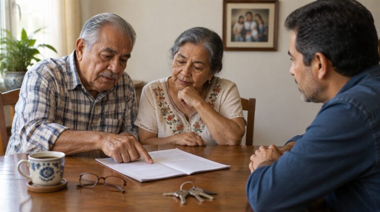 Padres e hijo revisan en la mesa la escritura de una casa con usufructo vitalicio, en Guadalajara, Jalisco