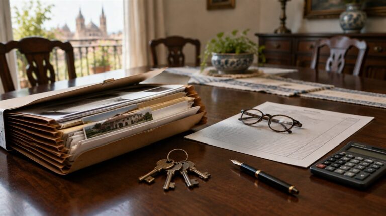 Carpeta con papeles de la herencia, llaves de la casa, lentes y calculadora sobre la mesa del comedor de una familia en Guadalajara