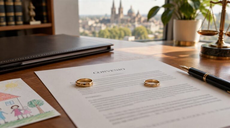 Convenio de divorcio con dos anillos de boda separados y el dibujo de un niño sobre el escritorio de un abogado en Guadalajara