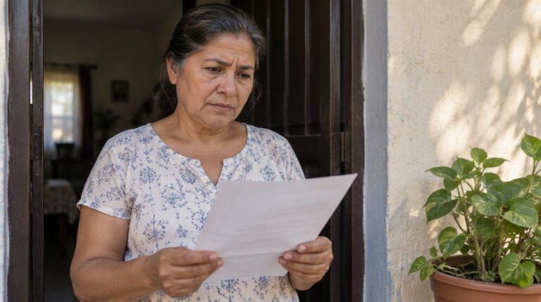 Mujer lee con preocupación en la puerta de su casa un papel que dice ser de embargo, en Guadalajara, Jalisco