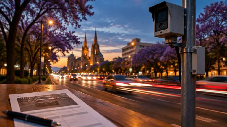 Cámara de fotomultas en una avenida de Guadalajara y cédula de infracción sobre una mesa