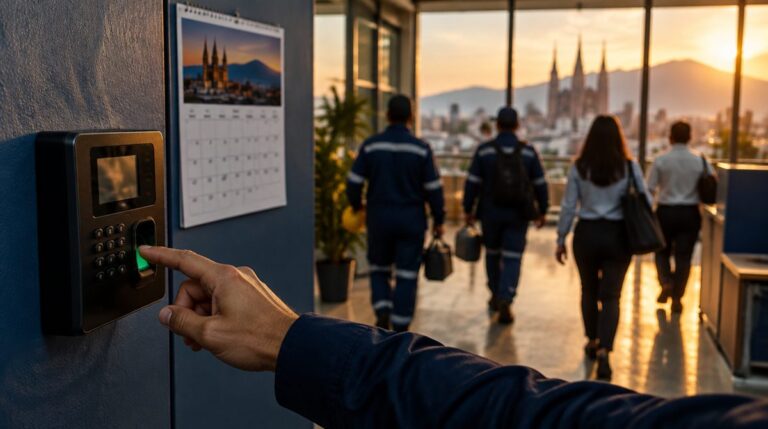Trabajador registrando su salida en un reloj checador electrónico al terminar la jornada en Guadalajara
