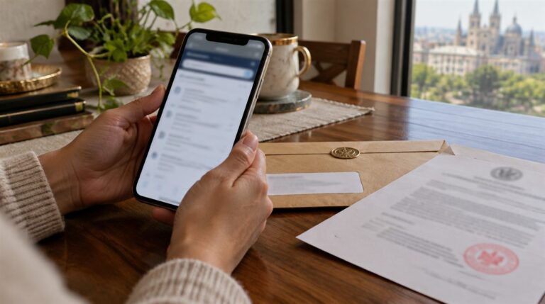 Persona revisa en su celular el boletín judicial junto a un sobre y un documento del juzgado sobre la mesa
