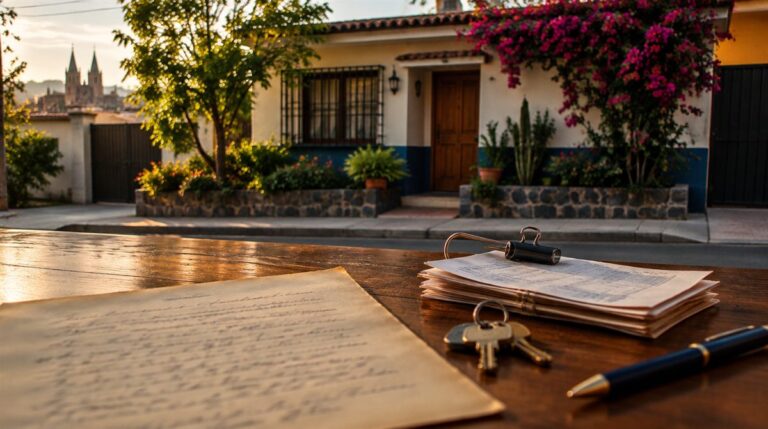 Casa en Guadalajara con un contrato privado de compraventa, recibos y llaves sobre una mesa